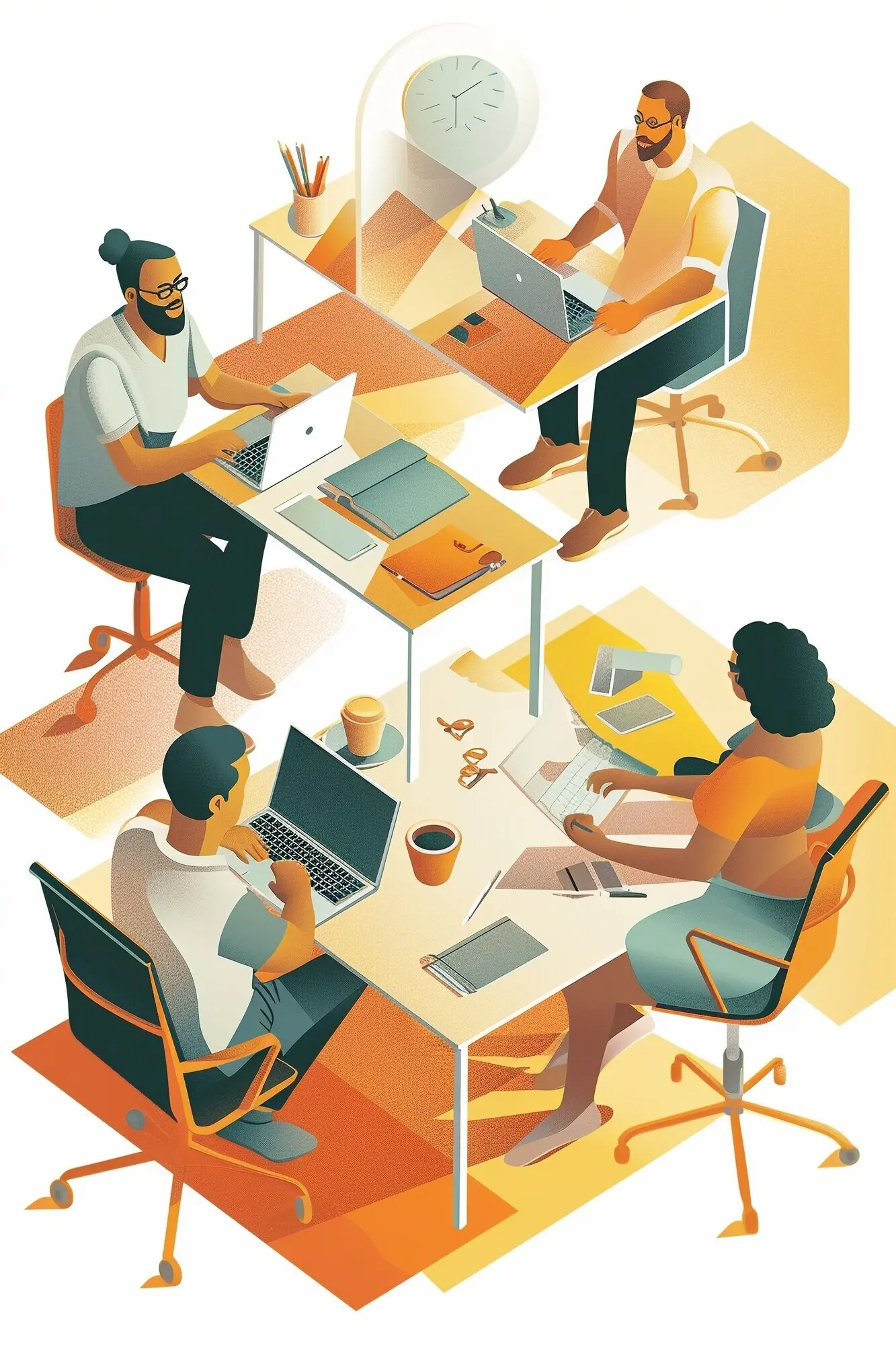 Разные люди, одновременно выполняющие несколько задач, в 3D-мультяшной сцене.